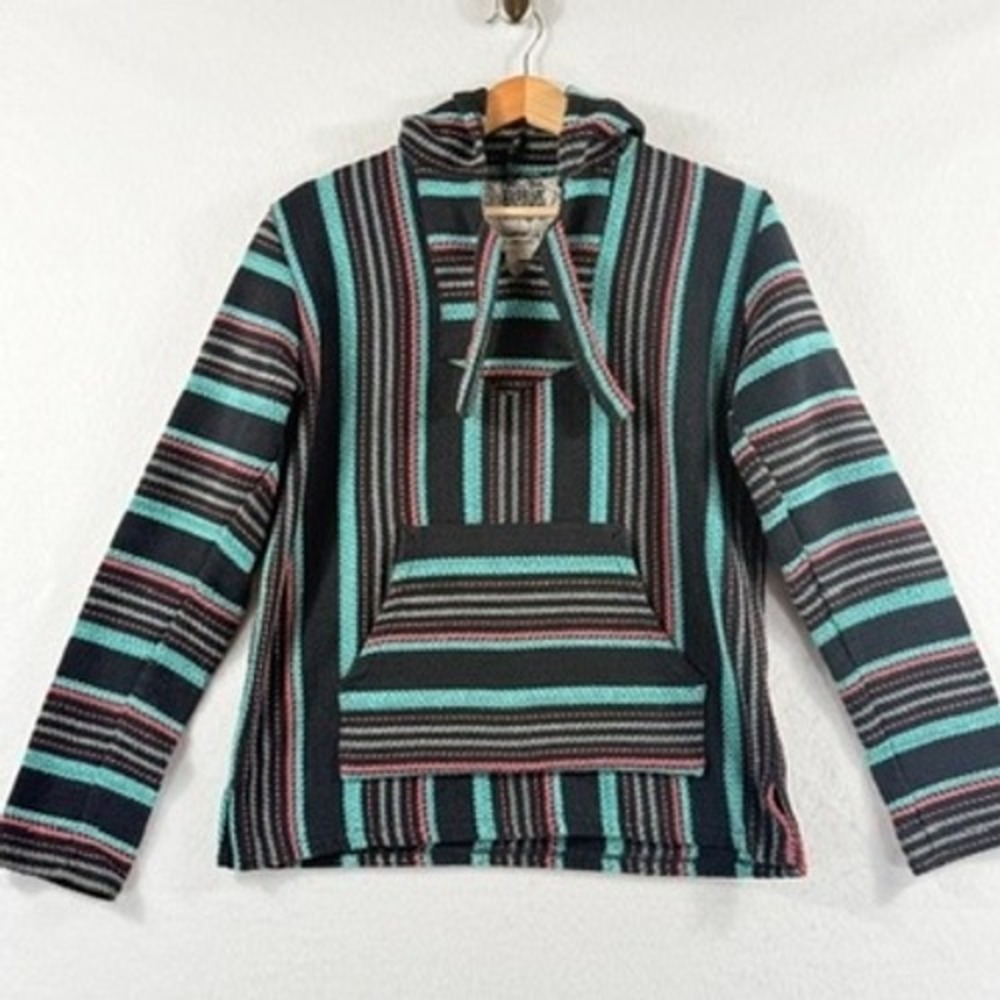 Original Senor Lopez Baja Hoodie Mens Medium Black Teal Striped Surf Boho Grunge